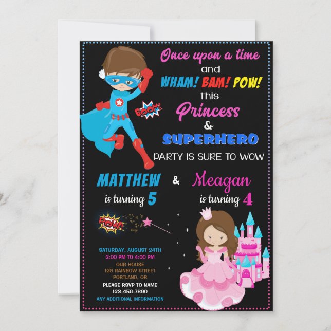 Invitation d'anniversaire Princesse et Superhéros  (Devant)