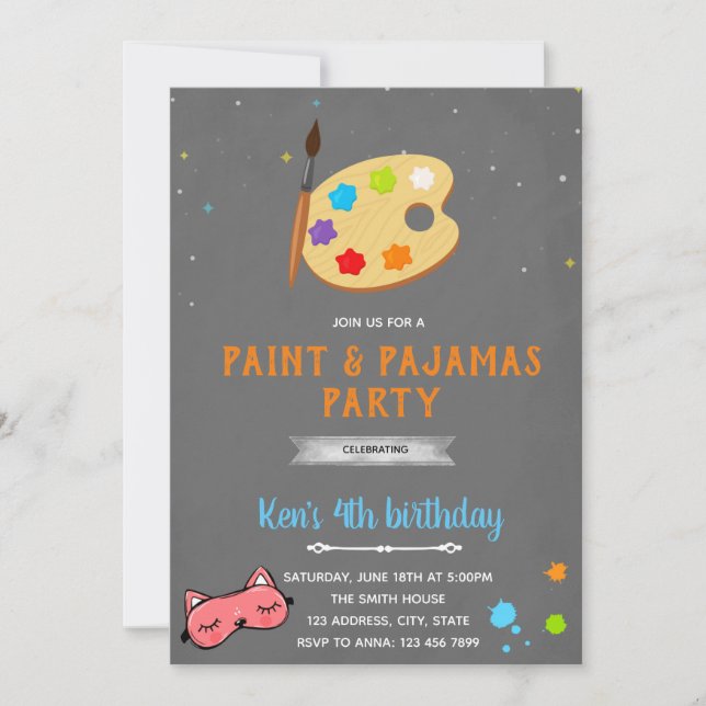Invitation d'anniversaire pyjama et peinture (Devant)
