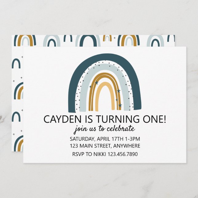 Invitation d'anniversaire Rainbow Blue et brown ga (Devant / Derrière)