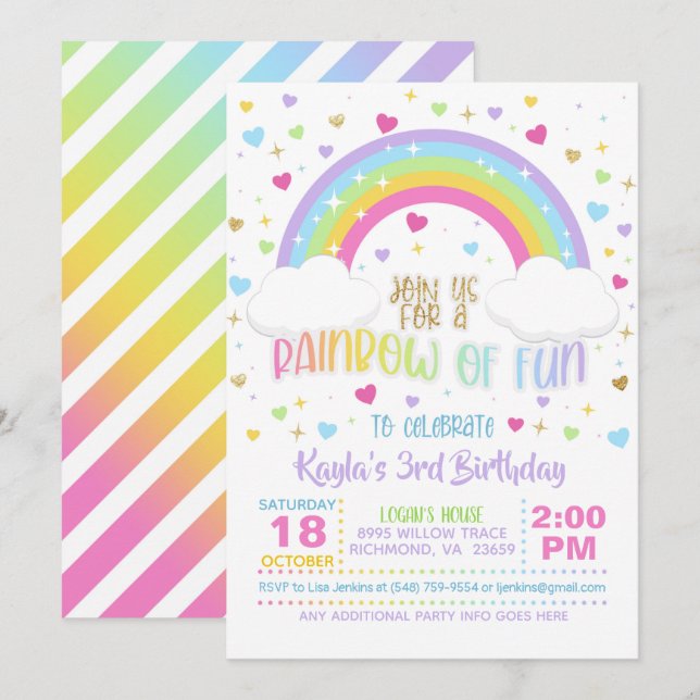 Invitation d'anniversaire Rainbow - Girl Pastel (Devant / Derrière)