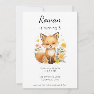 Invitation d'anniversaire Renard Cœur Jaune Floral