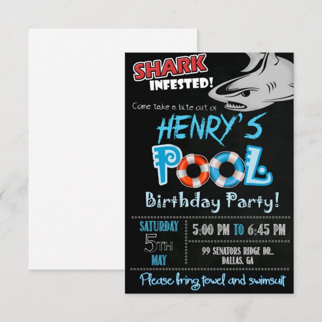 Invitation d'anniversaire requin, Fête de piscine (Devant / Derrière)