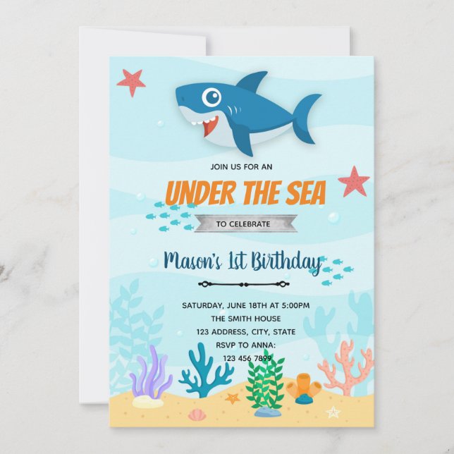 Invitation d'anniversaire requin sous la mer (Devant)