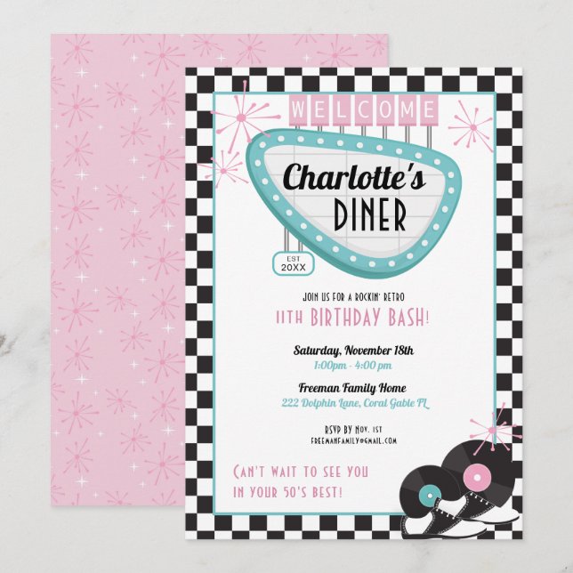 Invitation d'anniversaire Retro Diner 1950 - Sock  (Devant / Derrière)