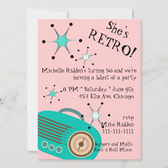 Invitation d'anniversaire Retro Radio Pink et Turq (Devant)