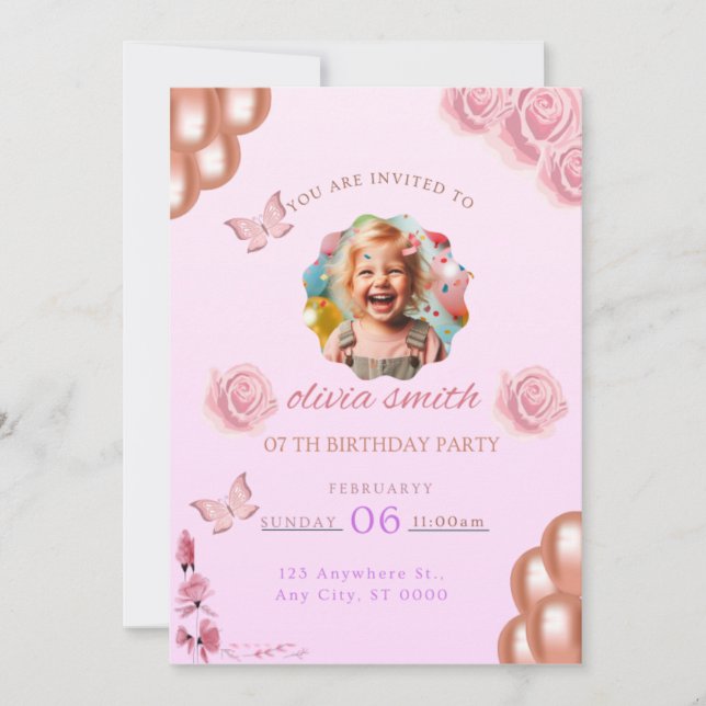 Invitation d'anniversaire rose (Devant)