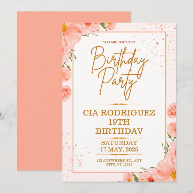 Invitation d'anniversaire rose  (Devant / Derrière)