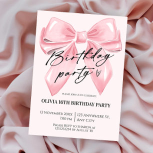 Invitation d'anniversaire rose à noeud coquet