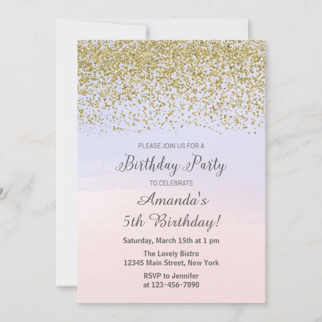 Invitation d'anniversaire rose et bleu et or (Devant)