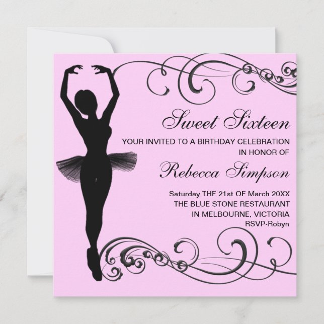 Invitation d'anniversaire rose et noir Ballerina & (Devant)