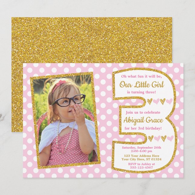Invitation d'anniversaire rose et or 3e (Devant / Derrière)
