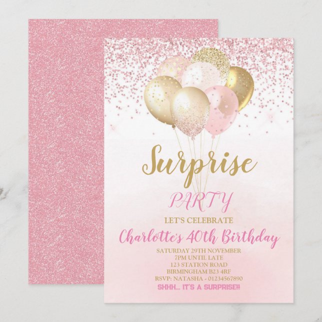 Invitation d'anniversaire rose et or surprise (Devant / Derrière)