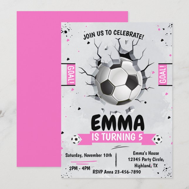 Invitation d'anniversaire rose fille de football (Devant / Derrière)