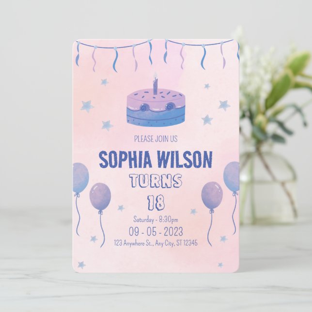 Invitation d'anniversaire rose mignon minimaliste (Debout devant)