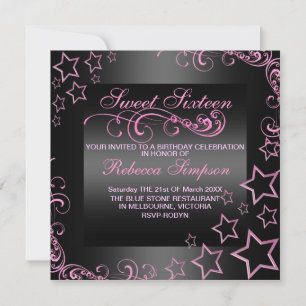 Invitation d'anniversaire rose/noir16 étoile & tou