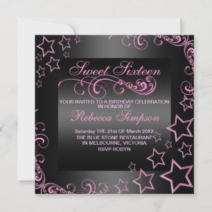 Invitation d'anniversaire Rose/Noir Sweet16 étoile