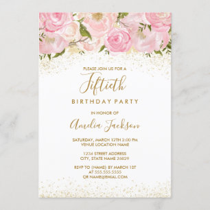 Invitation d'anniversaire Rose Pailletée Or Rose 5