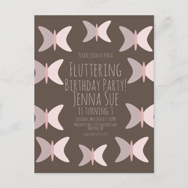Invitation d'anniversaire rose pastel papillon boh (Devant)