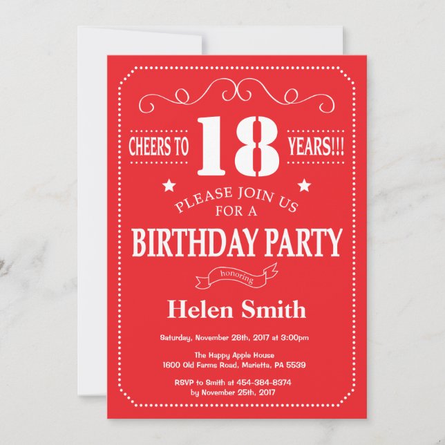 Invitation d'anniversaire Rouge et Blanc (Devant)
