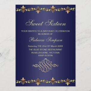 Invitation d'anniversaire Royal Blue & Gold Leaf