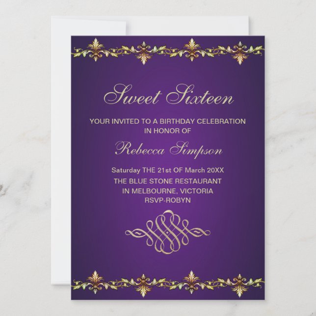 Invitation d'anniversaire Royal Purple & Gold Leaf (Devant)