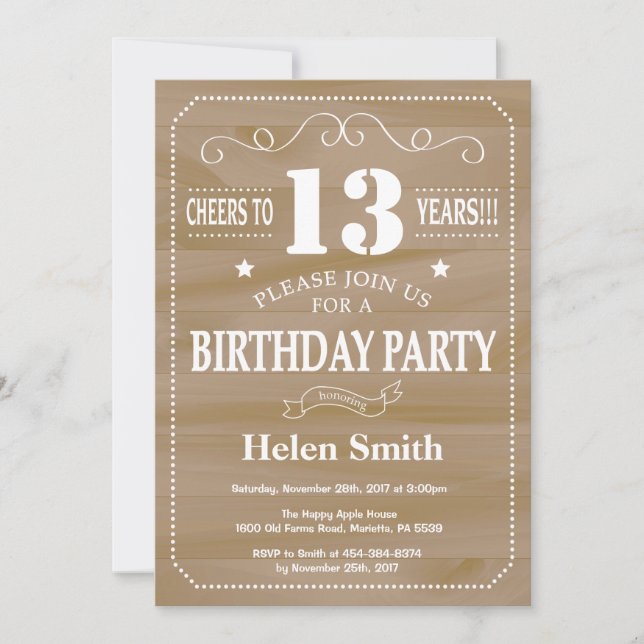 Invitation d'anniversaire rustique 13 ans (Devant)