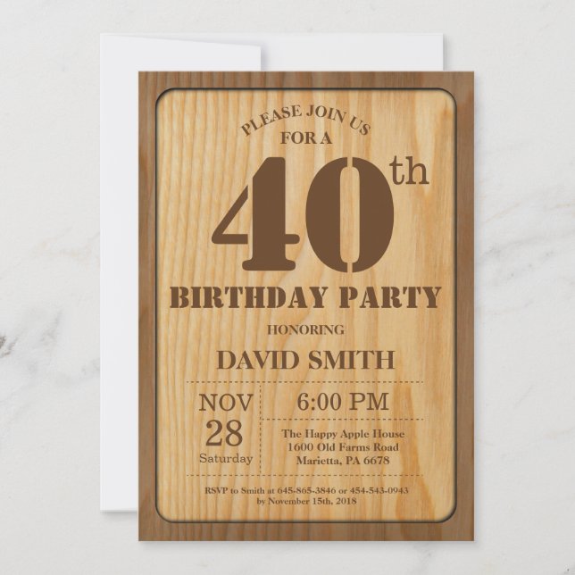 Invitation d'anniversaire rustique 40 ans Bois vin (Devant)