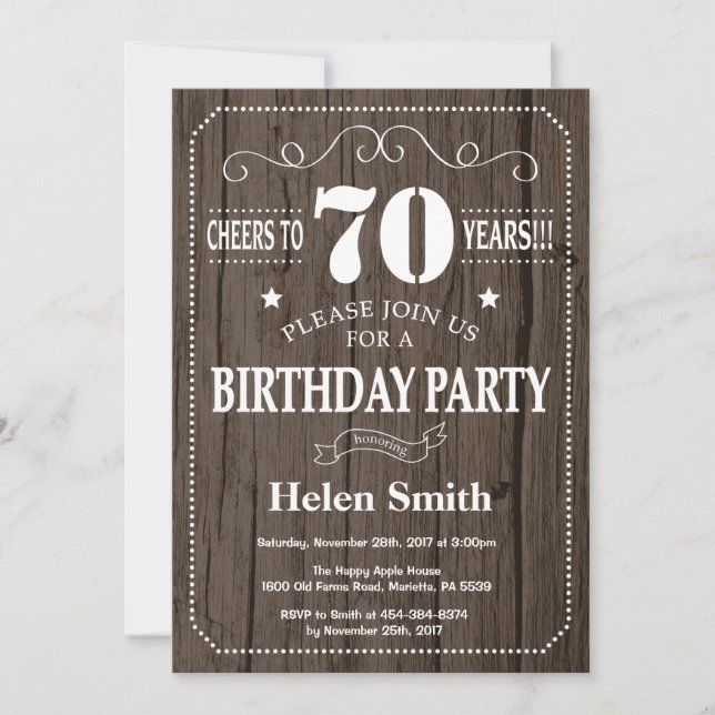 Invitation d'anniversaire rustique 70 ans (Devant)