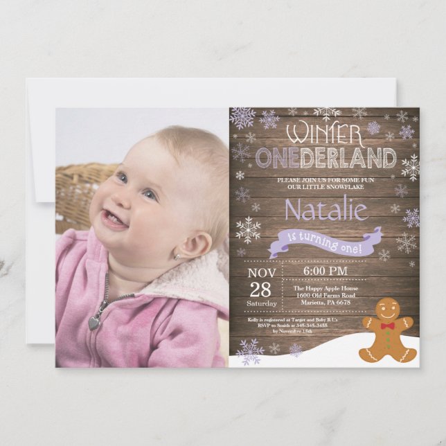 Invitation d'anniversaire rustique hiver Onederlan (Devant)