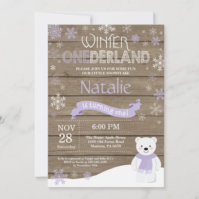 Invitation d'anniversaire rustique hiver Onederlan (Devant)