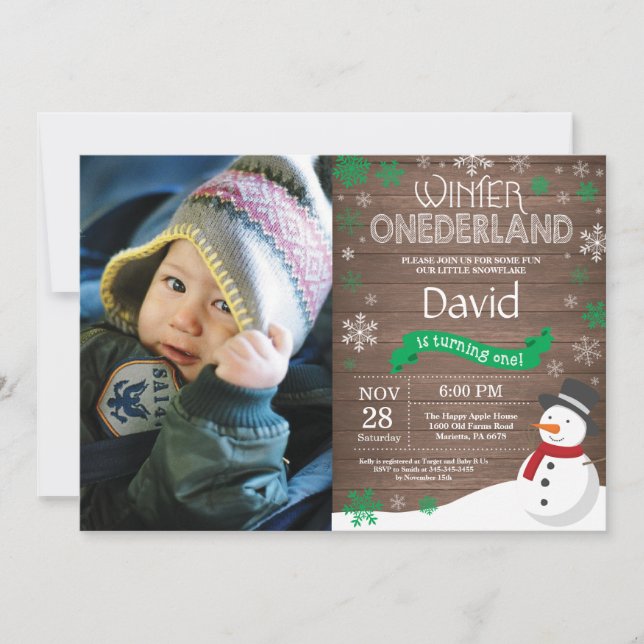 Invitation d'anniversaire rustique hiver Onederlan (Devant)