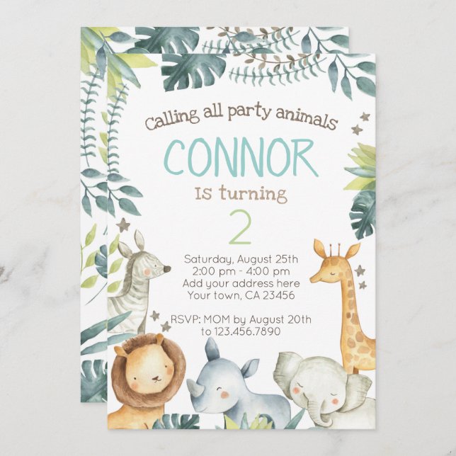 Invitation d'anniversaire Safari Jungle (Devant / Derrière)
