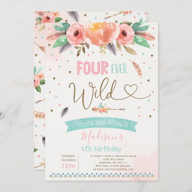Invitation d'anniversaire sauvage Boho Four Ever W (Devant / Derrière)