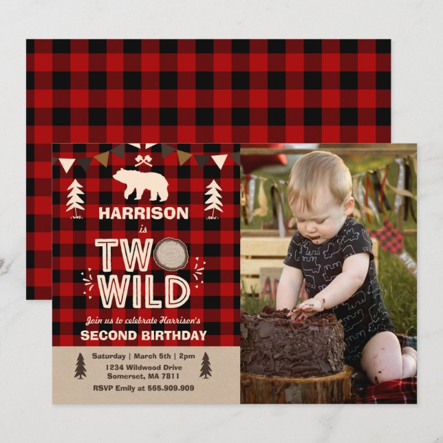 Invitation d'anniversaire sauvage bûcheron deux sa (Devant / Derrière)