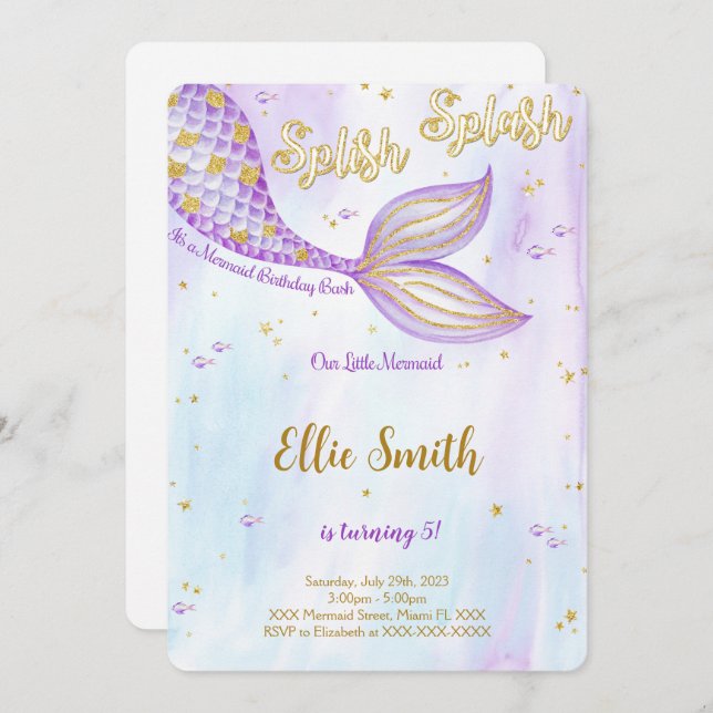 Invitation d'anniversaire sirène (Devant / Derrière)