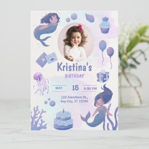 Invitation d'anniversaire sirène aquarelle violett