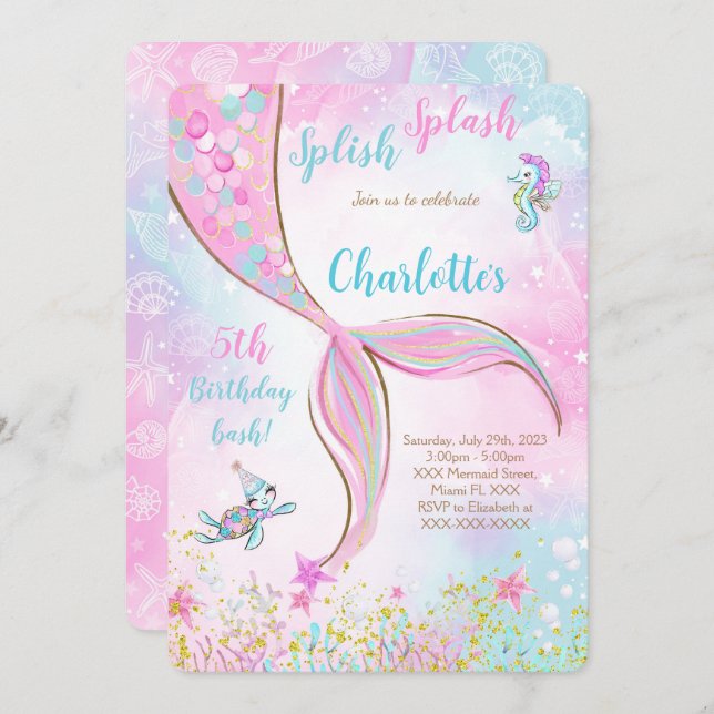 Invitation d'anniversaire Sirène Rose (Devant / Derrière)