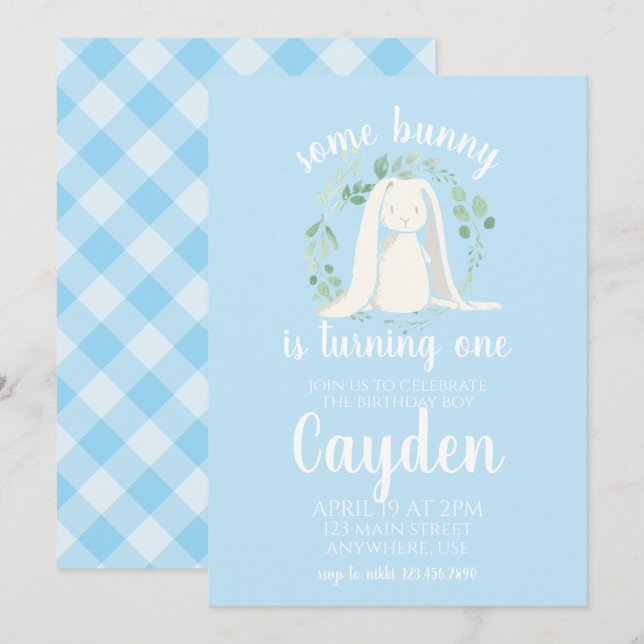 Invitation d'anniversaire Some Bunny plaid bleu (Devant / Derrière)