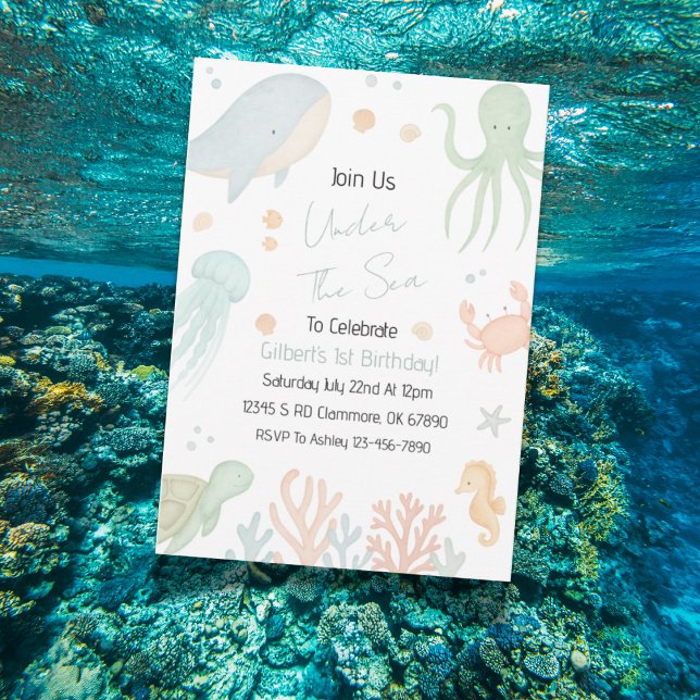 Invitation d'anniversaire sous la mer (Ocean-themed birthday invitation design with playful under the sea illustrations.)