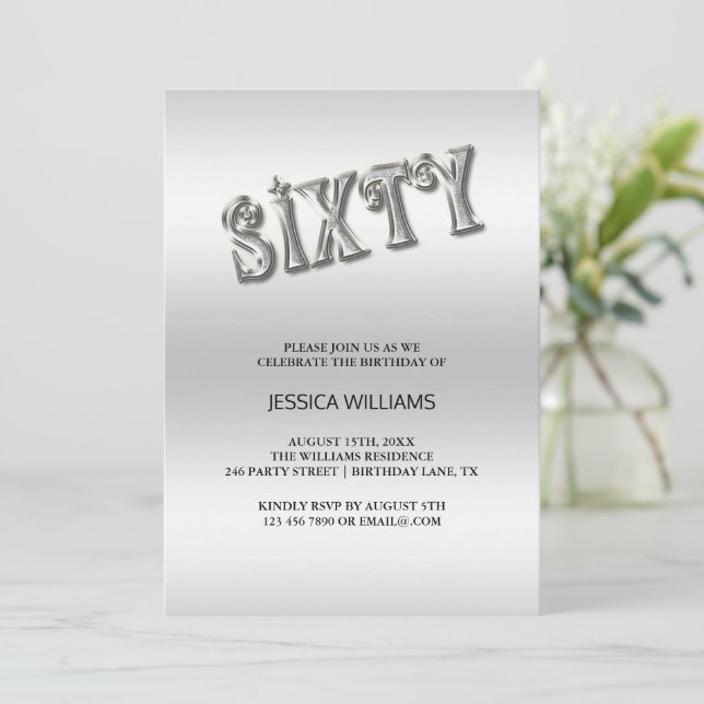 Invitation d'anniversaire stylé "Sixty" en argent (Debout devant)