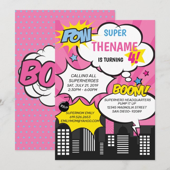 Invitation d'anniversaire Superhero (Devant / Derrière)