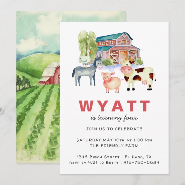 Invitation d'anniversaire sur le thème de la ferme (Devant / Derrière)