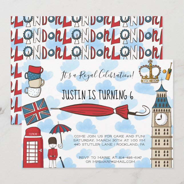 Invitation  d'anniversaire sur le thème de Londres (Devant / Derrière)