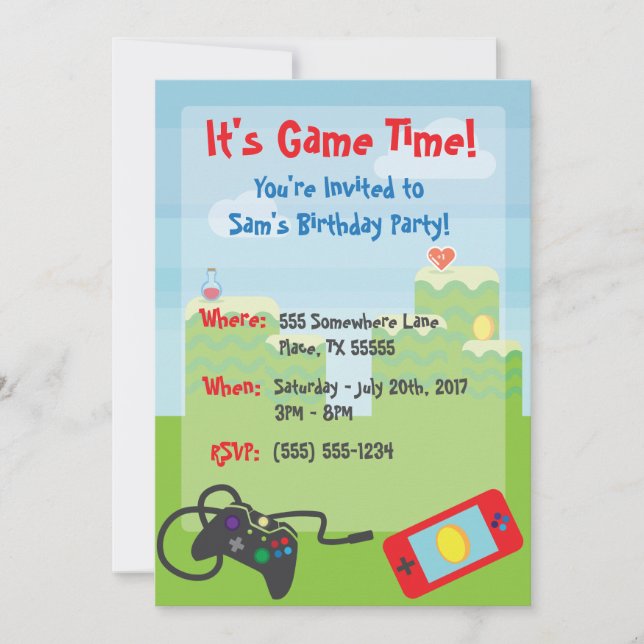Invitation d'anniversaire sur le thème des jeux vi (Devant)