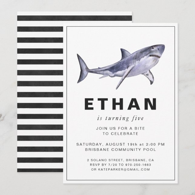 Invitation d'anniversaire sur le thème des requins (Devant / Derrière)