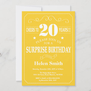Invitation d'anniversaire surprise 20 ans jaune et
