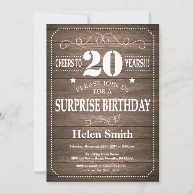Invitation d'anniversaire surprise rustique 20 ans (Devant)