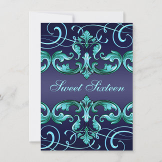 Invitation d'anniversaire Sweet16 bleu foncé damas
