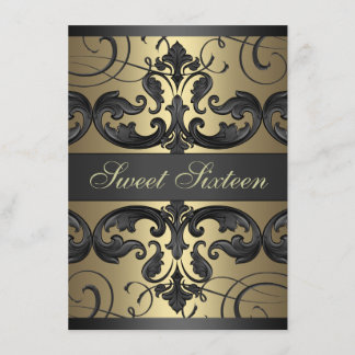 Invitation d'anniversaire Sweet16 Or/Noir Damassé 