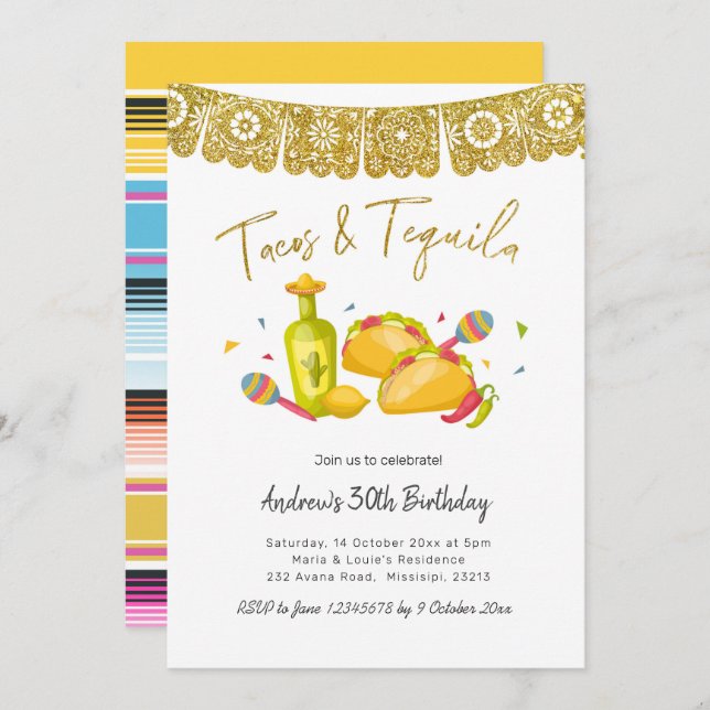 Invitation d'anniversaire Tacos et Tequila Fiesta (Devant / Derrière)